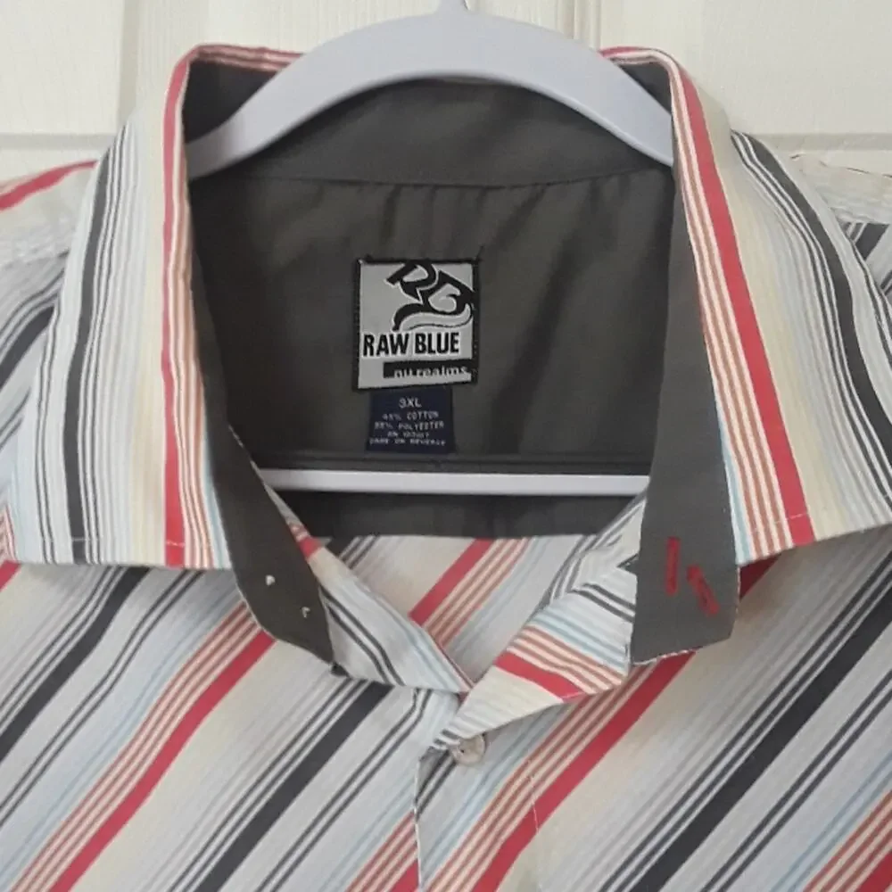 Mens Sz 3X Stripe Button Up Gray Contrast Cuffs Raw Blue Shirt